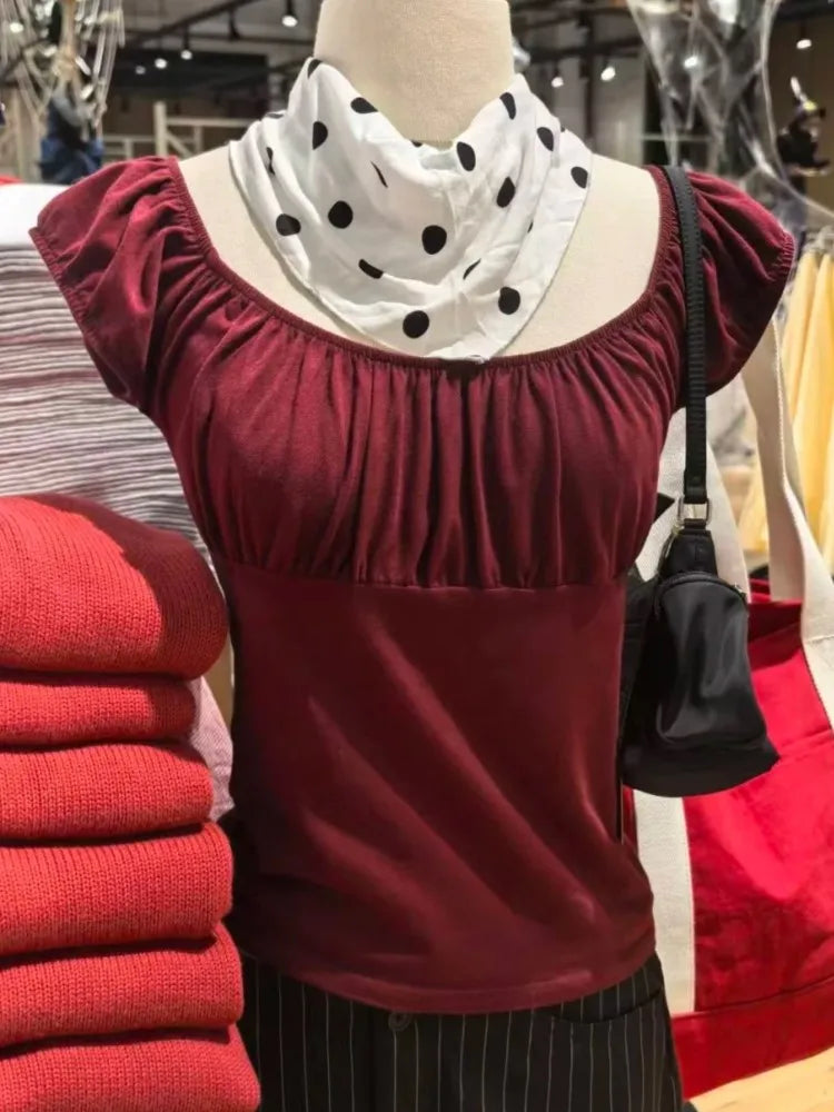 Burgundy Mesh Folds Short Sleeve Tee Women Summer Square Collar Cotton Ruffle Slim T-shirts Female Sweet Aesthetic Cute Y2K Tops