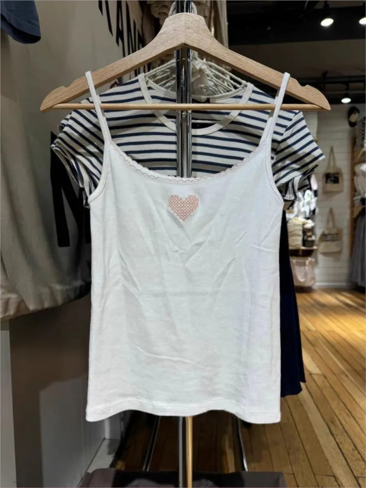 Pink Heart Embroidery Slim Tank Top for Women Summer Cotton Casual Lace Trim Sleeveless Camisole Sweet Cute Preppy Style Y2K Top