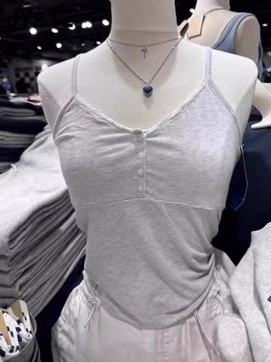 Simple Four Buttons V-neck Tank Tops Women Summer New Cotton Casual Slim Sexy Sleeveless Vests Vintage Sweet Basic Camisole Y2K