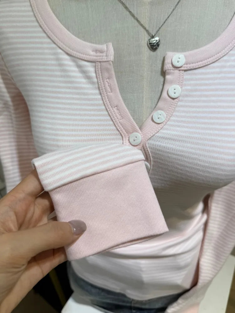 Pink Striped Buttons Striped Long Sleeve T-shirt Women O-neck Cotton Slim Tee Shirts Female Sweet Casual Cute Tshirt Y2k Top New