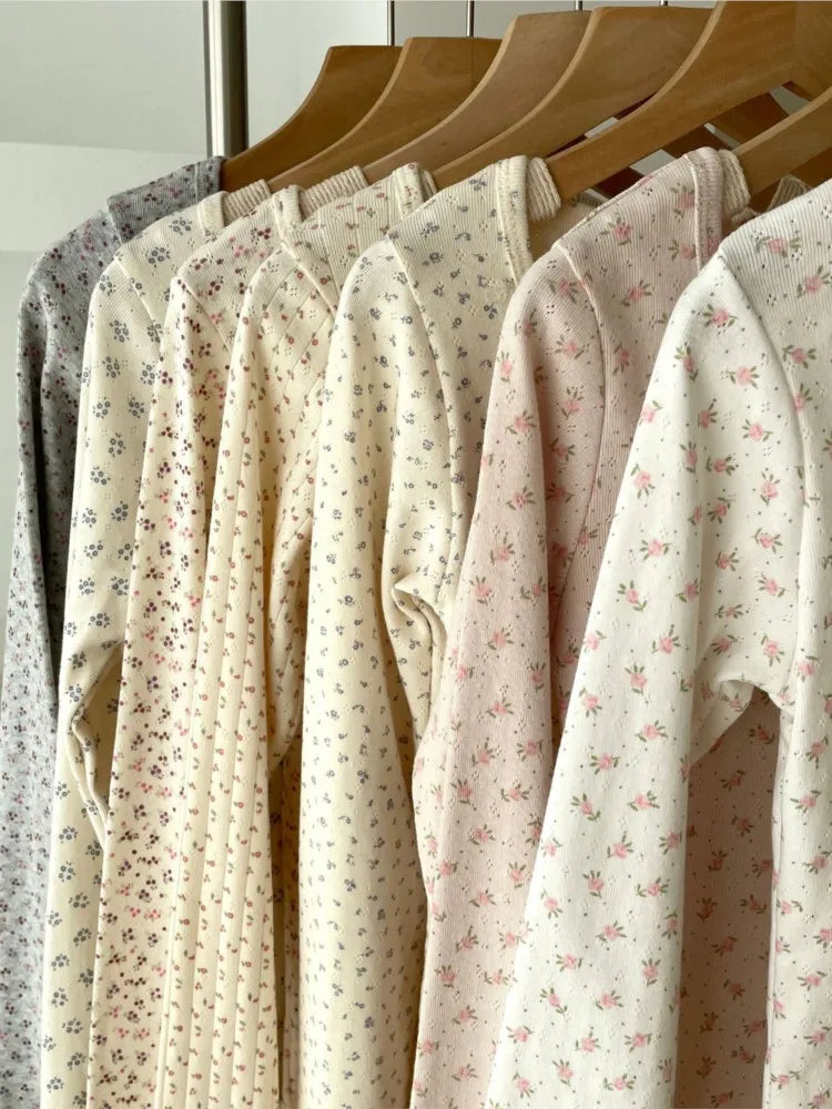 Floral Zelly T-shirts Women Spring Casual Simple Cotton Soft Button Long Sleeve Tees Sweet Cute Preppy Style Tshirt