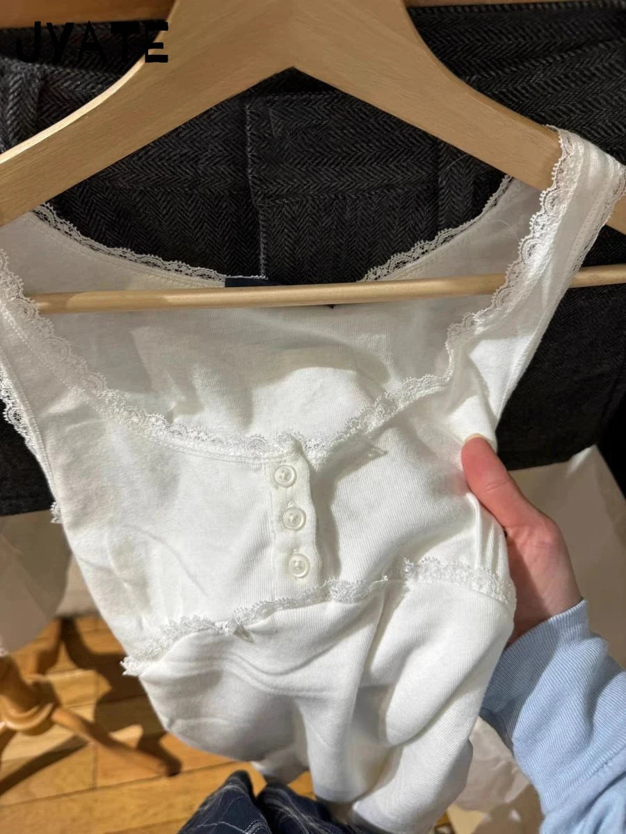 White Lace Trim Three Buttons Tank Tops Women Summer New Casual Cotton U-neck Sleeveless Vests Sweet Cute Preppy Style Camisole