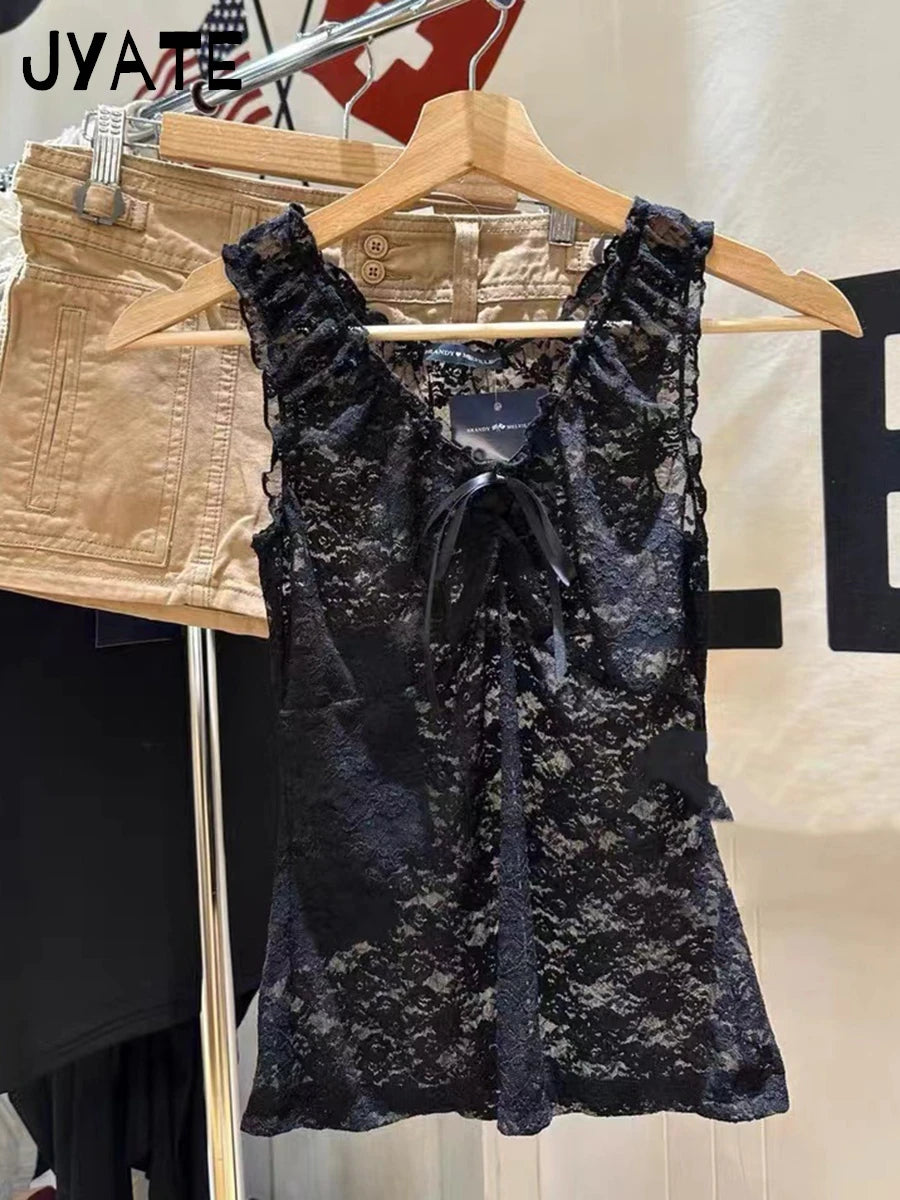 Sexy Lace See Through Bow V-neck Tank Tops Women Summer New Slim Casual Streetwear Black Crop Top Harajuku Chic Y2K Vest Clothes