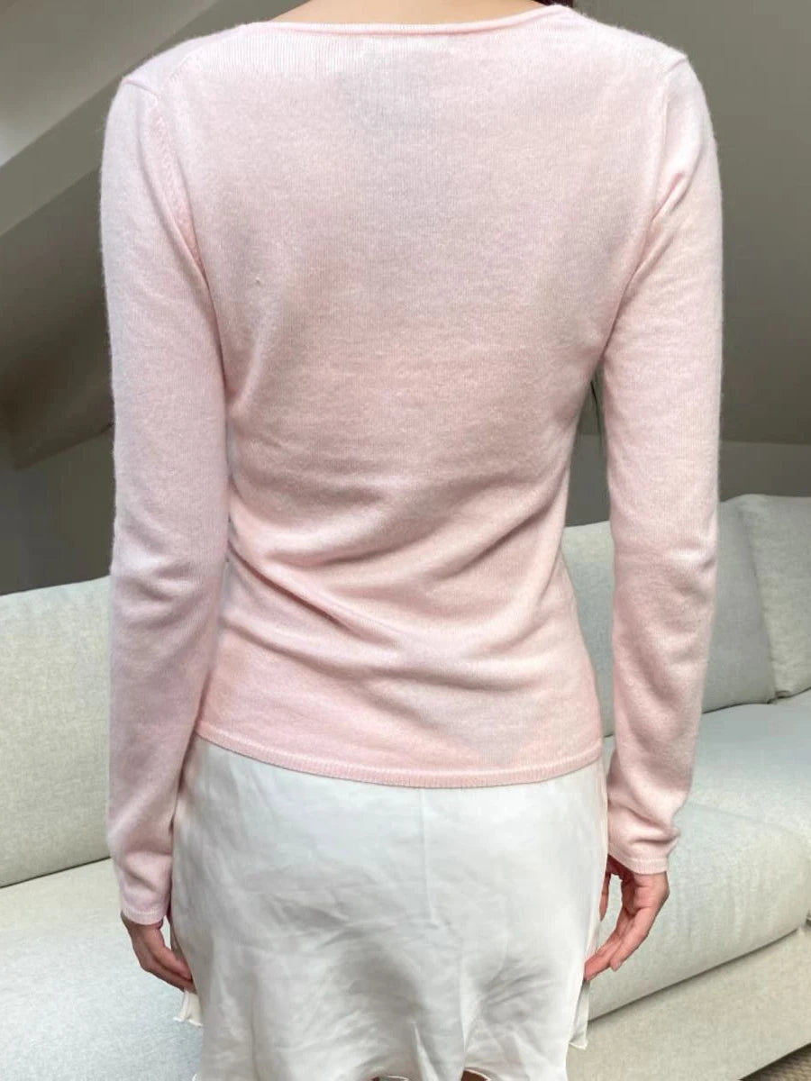 Pink Sweet Knitted Long Sleeve T-Shirt Women Autumn V-Neck Preppy Style Cotton Slim Tee Shirt Casual Cute Knitwear Tshirts Y2K