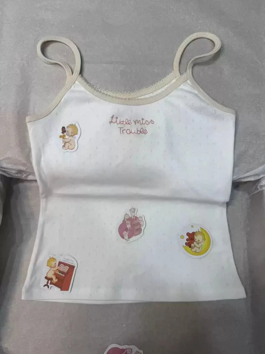 Letter Embroidery Eyelet Camisole Women New Cotton Soft Lace Trim Casual Slim Sleeveless Cropped Vests Sweet Cute Tank Tops Y2K