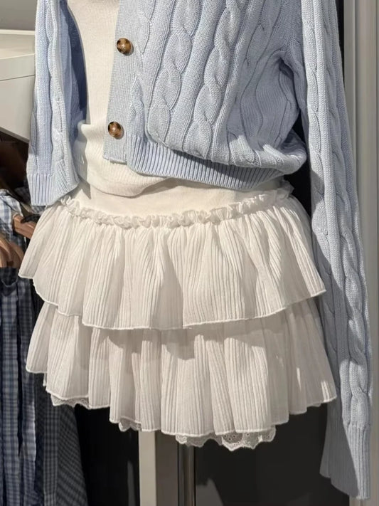 White A-line Short Faldas Women New Cotton Casual Elastic High Waist Mini Skirts Sweet Cute Vintage Balletcore Skirts