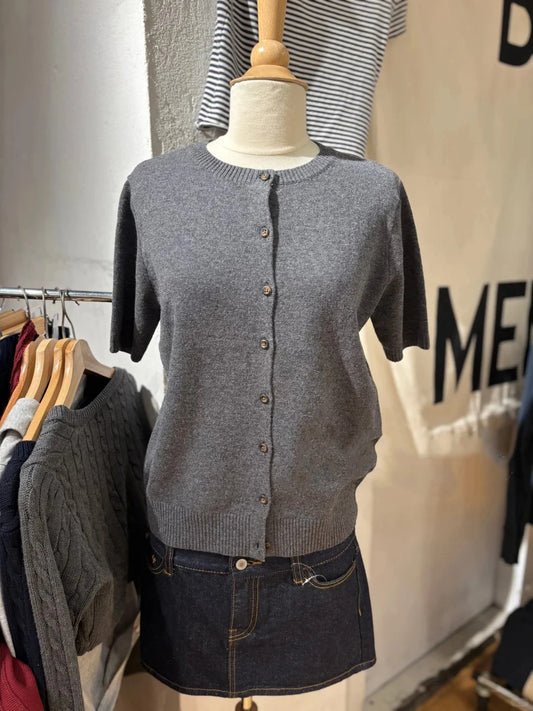 Drak Gray Knitted Short Sleeve Sweater Women Spring Casual Streetwear Single Breasted Jumpers Vintage Chic Preppy Style Cardigan