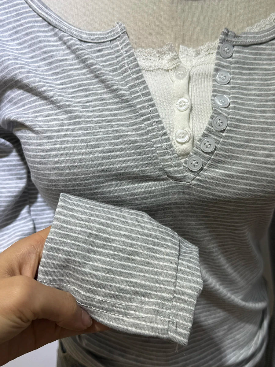 Gray Striped Long Sleeve Zelly Tops Women Autumn New Casual Simple Slim Buttons Tees Vintage Chic Preppy Style T-shirts Top y2k