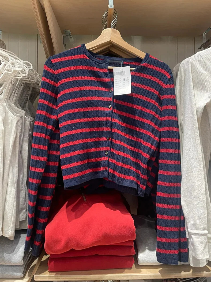 Red Black Striped Twist O-neck Knitted Sweaters Cardigan Women Cotton Casual Street Jumper Coat Harajuku Vintage Chic Cardigant