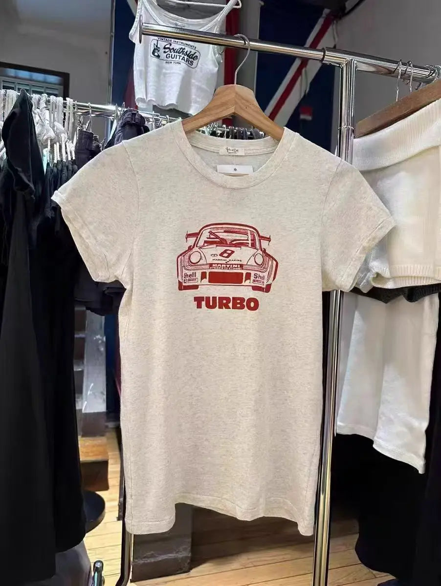 Vintage Car Print T-shirt Women Summer Cotton Casual Streetwear O-neck Short Sleeve Tee Shirts Female Sweet Tshirt Y2K Tops Girl