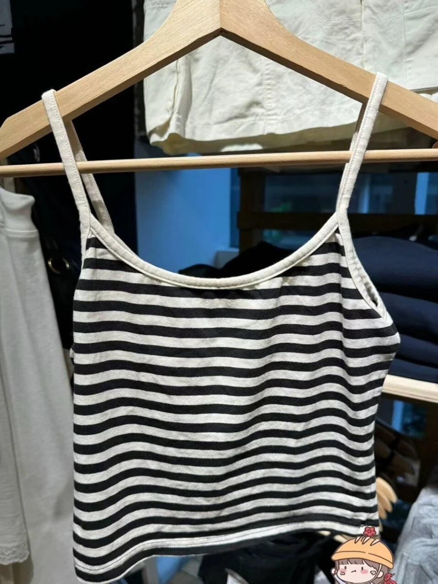 Classic Striped Graphic Cropped Camisole Women New Cotton Soft Slim Casual Simple Sleeveless Vests Vintage Chic Sweet Tank Tops