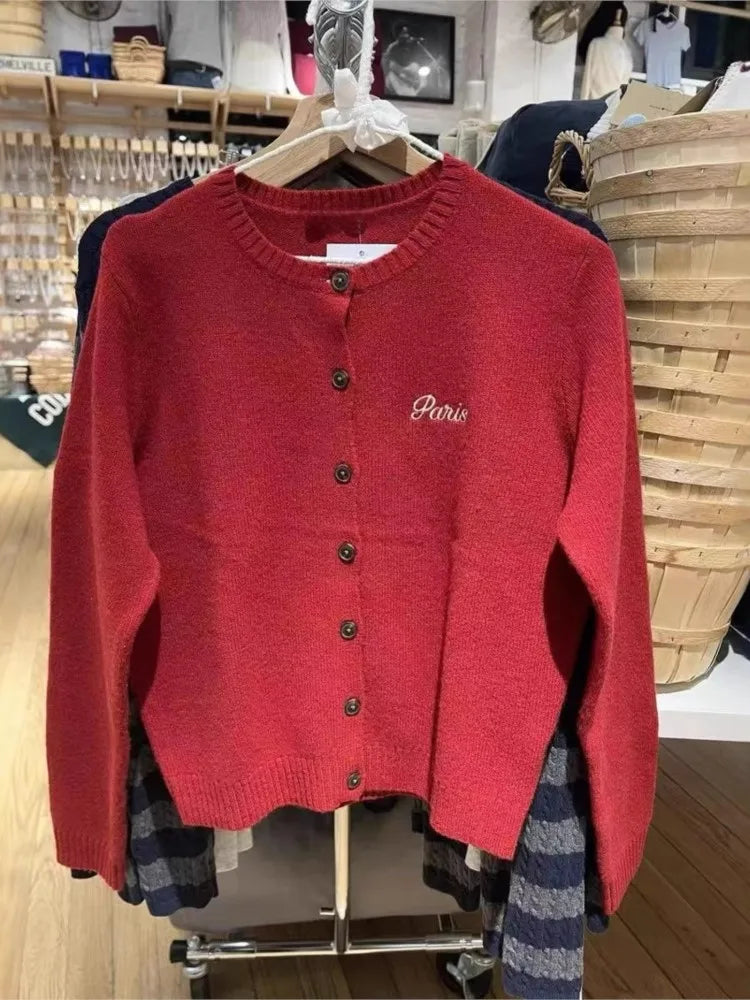 New Red Christmas Knitted Cardigan Women Autumn Casual Letter Embroidered Long Sleeve Sweater Sweet Cute Vintage Knitwear Tops