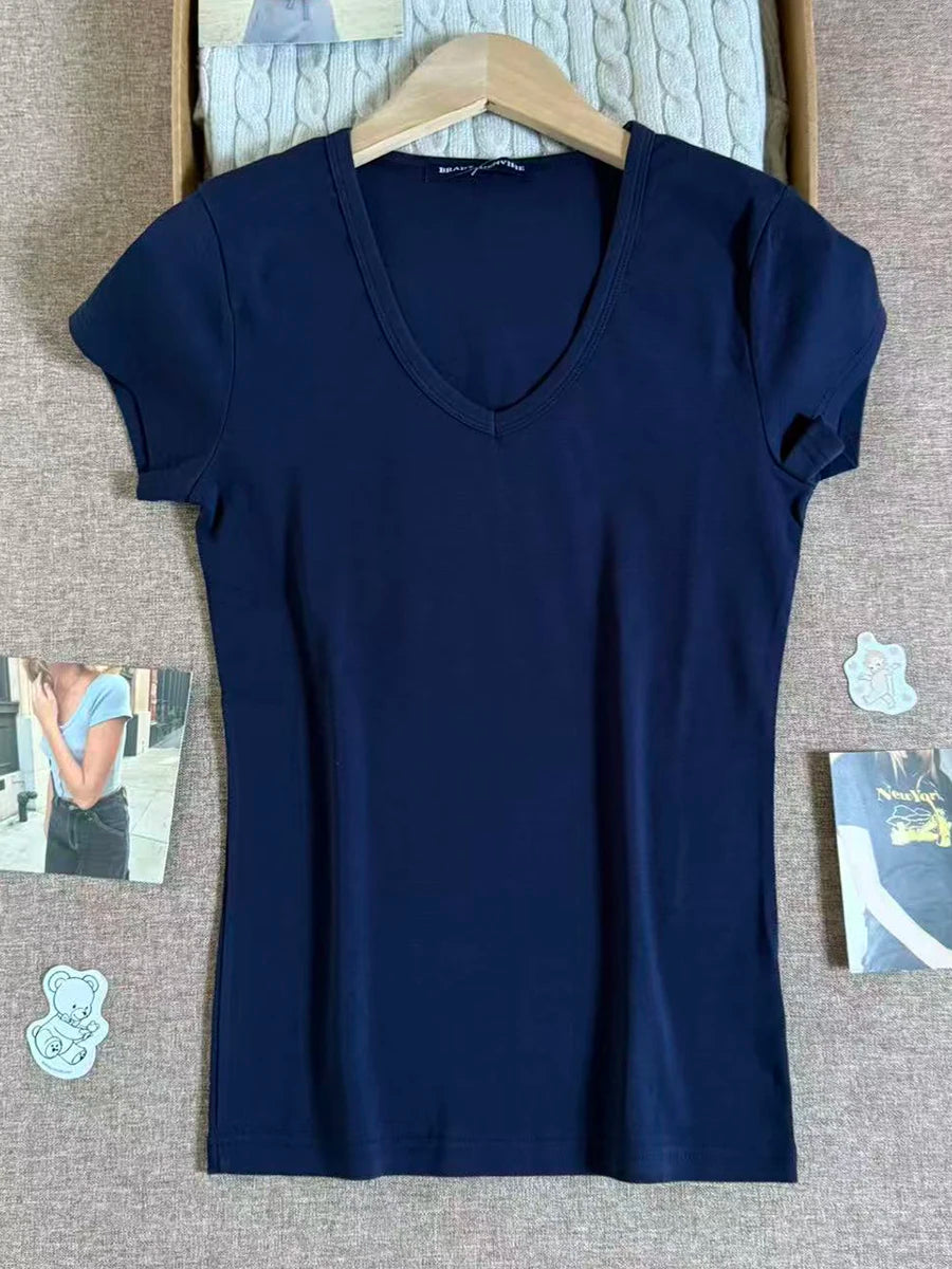 Solid V-neck Short Sleeve Tees Women Casual Streetwear Slim Cotton Tops Clothes Simple Basic Preppy Style T-shirts Y2K