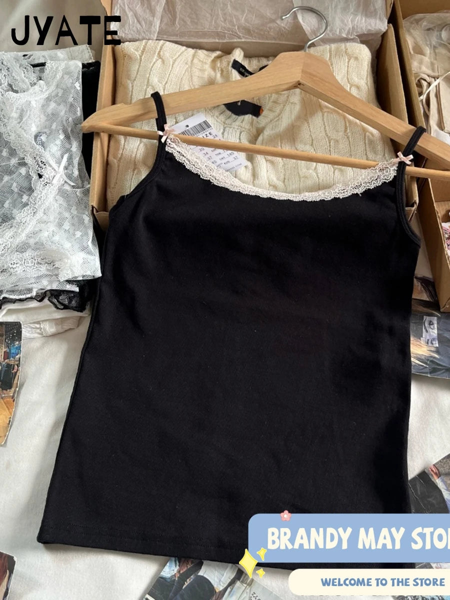 Harajuku Black Patchwork Lace Trim Camisole Women New Cotton Casual Slim Bow Sleeveless Vests Vintage Chic Preppy Style Tank Top