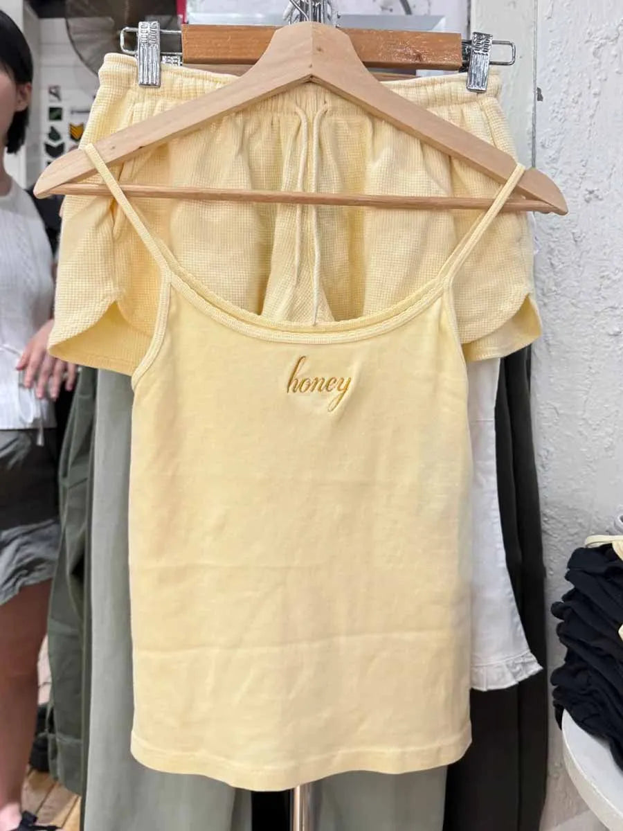 Yellow Letter Embroidery Crop Top Women Lace Trim Cotton Slim Sleeveless Camisole Clothes Sweet Cute Preppy Style Tank Tops Y2K