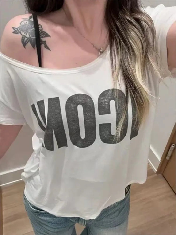 Letter Print Slash Neck T-shirts Women Summer  Casual Streetwear Thin Cotton Short Sleeve Tees Vintage American Simple Tshirt