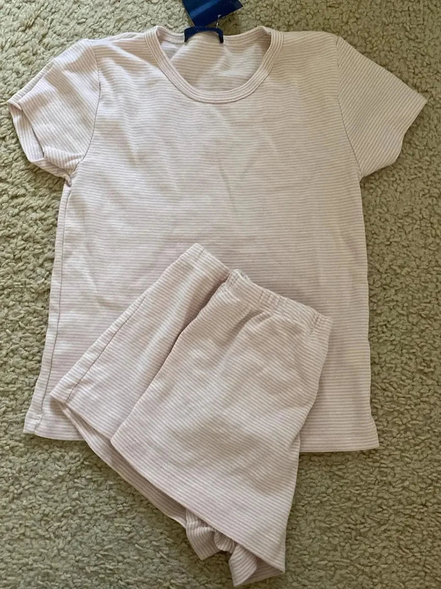 Cute Pink Striped Two Piece Set Women Cotton Slim O-neck T-Shirt With Straight Short Pant Sweet Pajama Tees Shorts 2 Pieces Sets