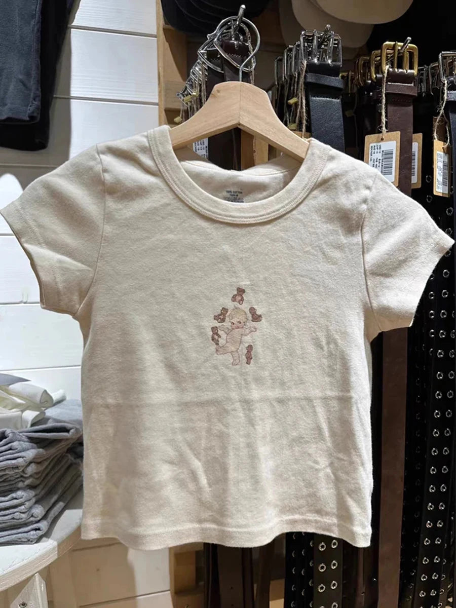 Cartoon Angel Print Cute Slim T-shirts Women Summer O-neck Cotton Harajuku Streetwear Short Sleeve Tees Sweet Chic Y2K Crop Tops