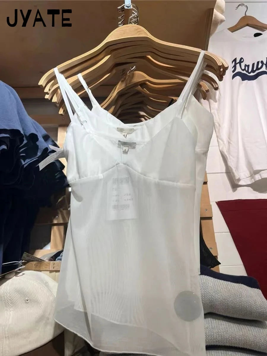 White Sexy Mesh Transparent Camisole Women Summer New Chic Basic V-neck Slim Sleeveless Vests Sweet Cute Vintage Tank Tops Y2K