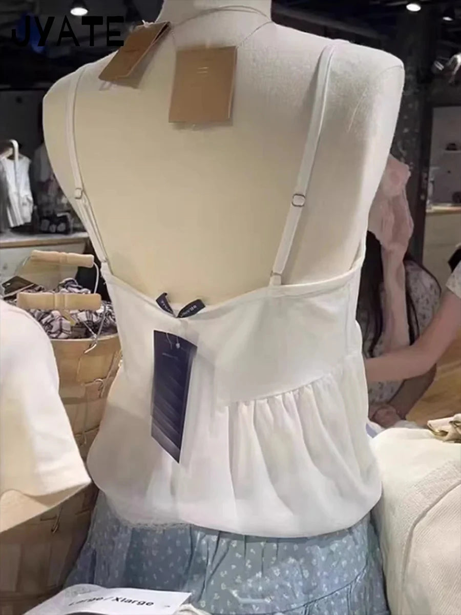 White Sheer Mesh Lace-up Camisole Women New Lace Trim Patchwork Bow Cute Cropped Vests Sweet Preppy Style Blouse Tank Tops Y2K
