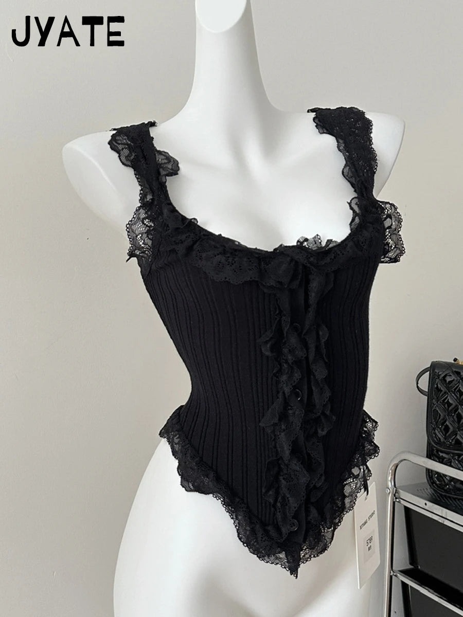 New Lace Trim Square Neck Tank Tops Women Summer Buttons Slim V Hem Cute Sleeveless Cropped Vests Sweet Solid Vintage Camis Y2K
