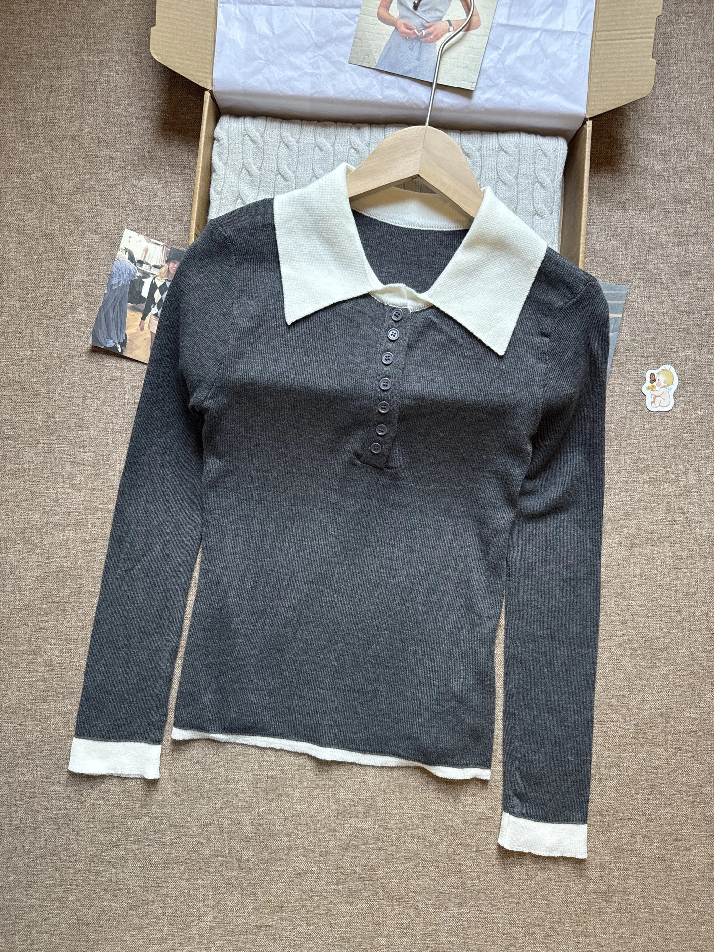 Gray Buttons Knitted Tops Women Summer New Cotton Casual Patchwork Turn-down Collar Tees Female Sweet Preppy Style T-shirts Y2K