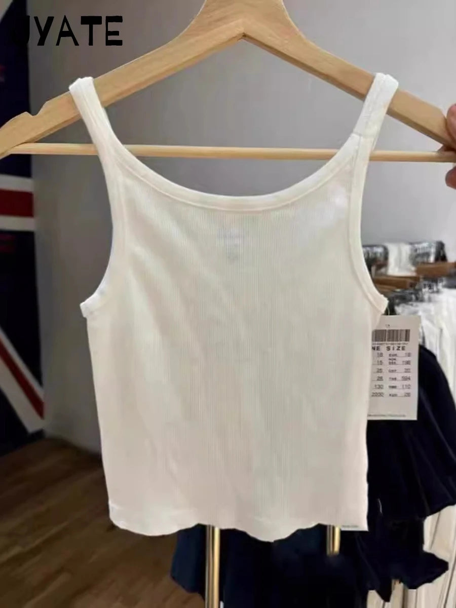 Letter Embroidery U-neck Crop Tops Women Summer New Cotton Casual Ribbed Cropped Sleeveless Vest Vintage Sweet Chic Tank Top Y2K