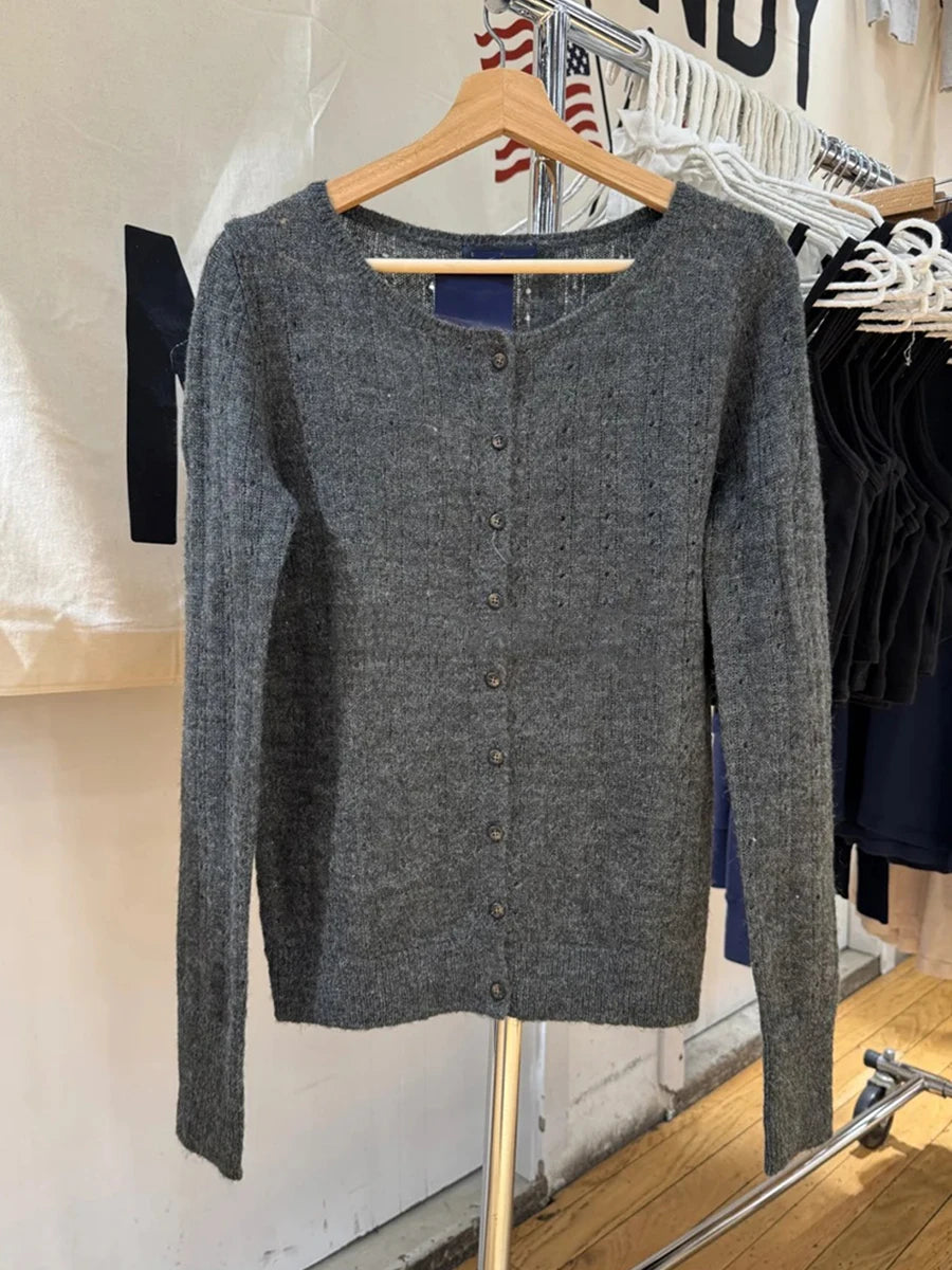 Hollw Out Mohair Long Sleeve T-Shirt Cardigan Women Autumn V-Neck Cotton Thin Smock Button Top Vintage Sweet Cute Tee Shirt Y2K