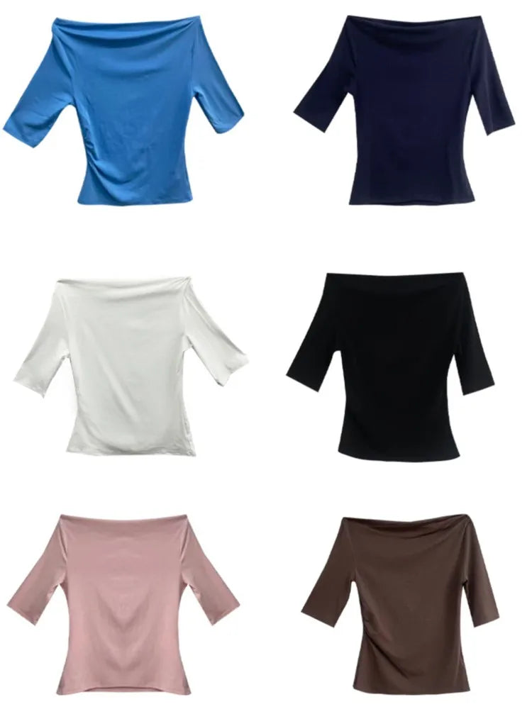 Electric Blue Half Sleeve Tees Women Summer Casual Streetwear Slim Slash Neck Crop Tops Female Vintage Simple Basic T-shirts Y2K