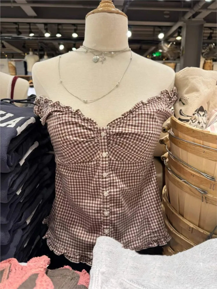 Retro Plaid Slim T-shirts Blouse Women Ruffles Single Breasted V-neck Short Puff Sleeve Shirt Vintage Preppy Style Sweet Tops