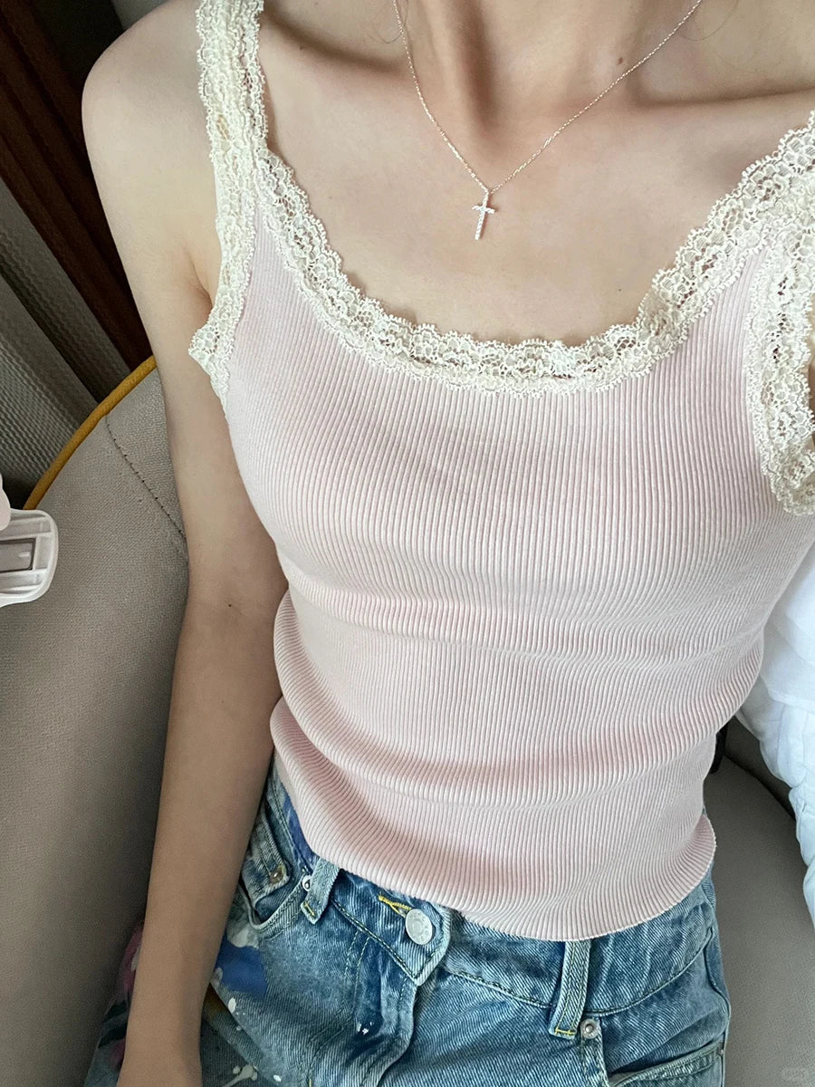 Pink Lace Trim Ribbed Camis Women Summer New Casual Streetwear Slim Sexy Cotton Sleeveless Vests Sweet Cute Chic Tank Tops Y2K