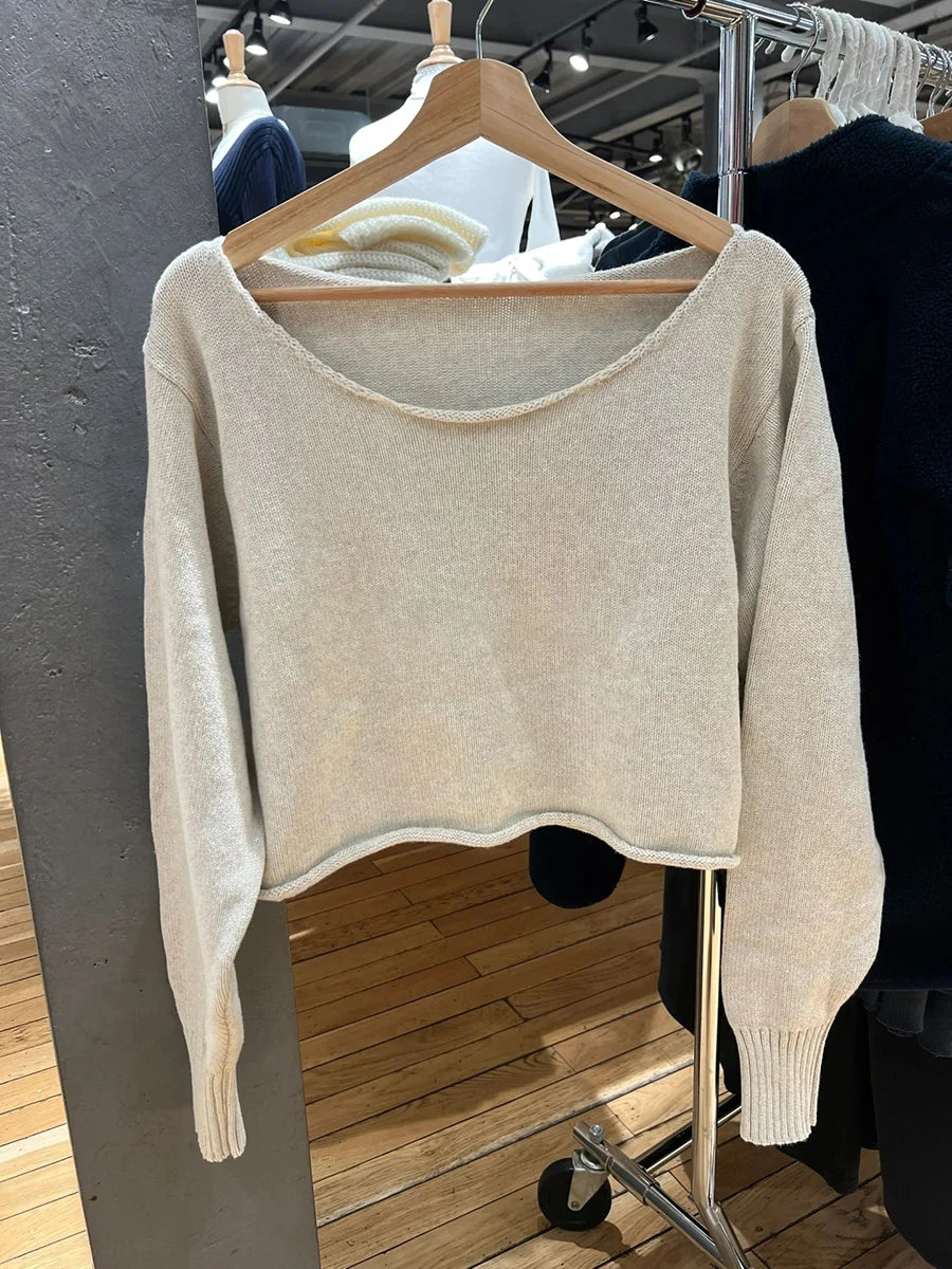 Gray Raw Trim Knit Cropped Sweater Women Scoop Neck Long Sleeve Cotton Loose Jumper Autumn Simple Sweet Oversized Crop Top Y2K