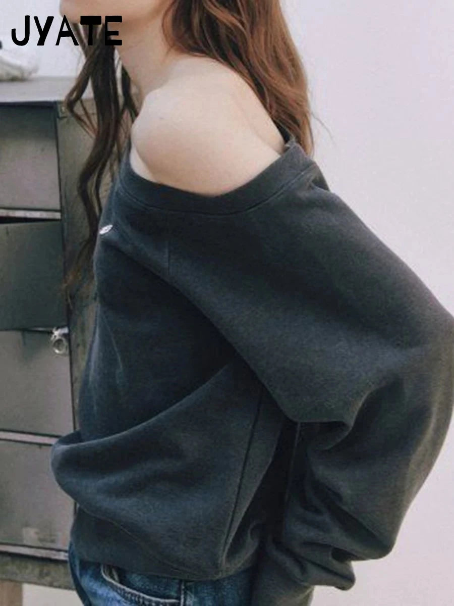 American Slanted Collar Loose Sweatshirts Women Autumn Cotton Casual  Long Sleeve Hoodie Vintage Street Chic Pullovers Y2K Tops