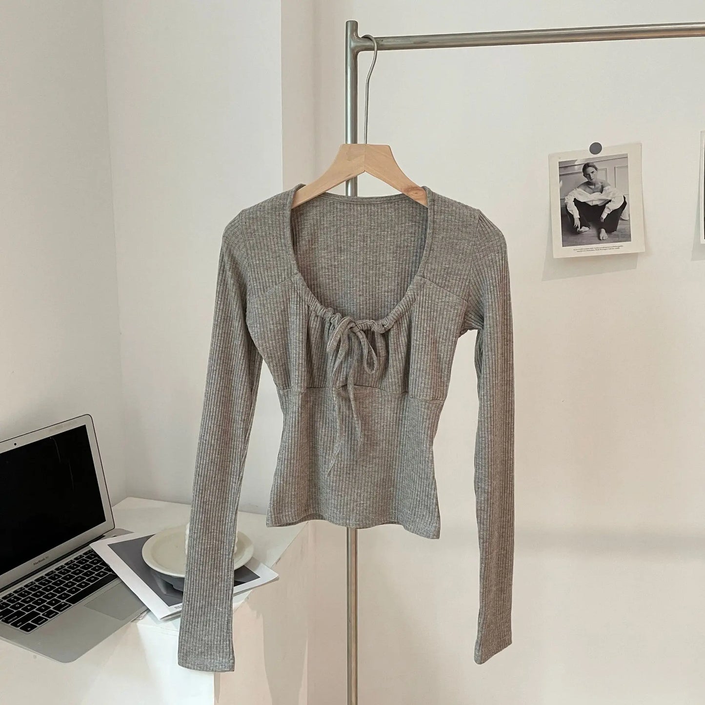 Sweet Lace-up Long Sleeve Tees Women New Casual Slim Solid Scoop Neck Streetwear Top shirt Vintage Preppy Style Cute T-shirt Y2K