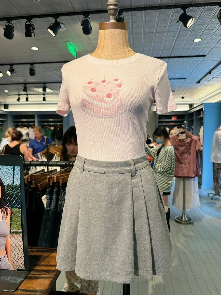 Sweet Pink Cake Graphic Ribbed T-shirt Summer New Round Neck Slim Short Sleeve Tees Women Casual All-match Cotton Crop Top Y2k