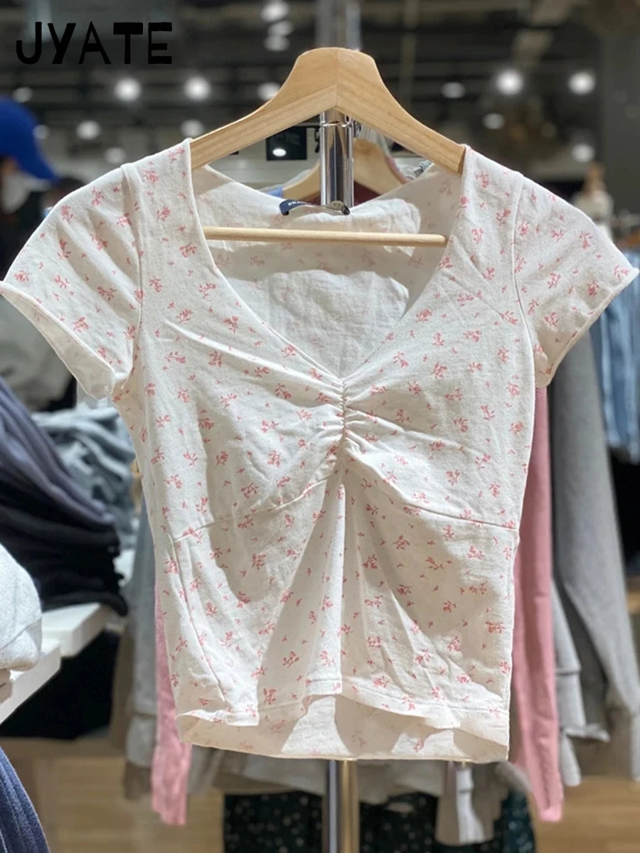 Harajuku Heart Print V-neck Short Sleeve Tees Female New Cotton Folds Chic Slim Sexy Crop Tops Vintage Sweet Cute T-shirts Y2K