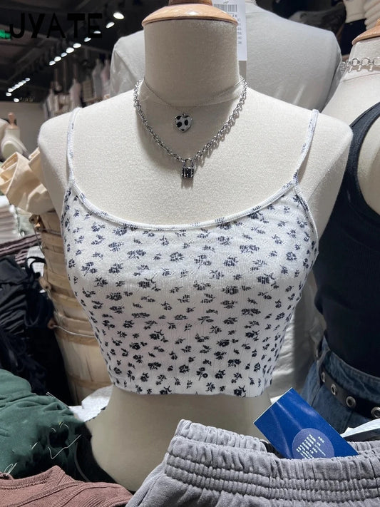 Navy Blue Floral Print Crop Tops Women New Cotton Casual Preppy Style Slim Cropped Sleeveless Vests Sweet Vintage Chic Camisole