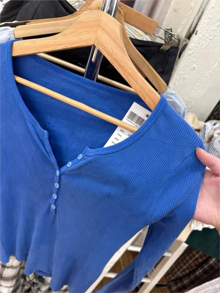 Electric Blue Patchwork Long Sleeve Tee Women Autumn Simple Basic Buttons O-neck Cotton Ribbed Tshirt Sweet Cute Casual T-shirts