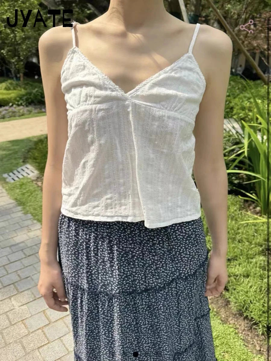 White Eyelet Back Lace-up Tank Tops Women New Simple Cotton Causal V-neck Sexy Sleeveless Vests Sweet Slim Cropped Camisole Y2K