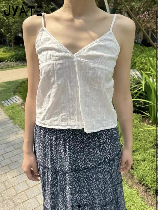 White Eyelet Back Lace-up Tank Tops Women New Simple Cotton Causal V-neck Sexy Sleeveless Vests Sweet Slim Cropped Camisole Y2K