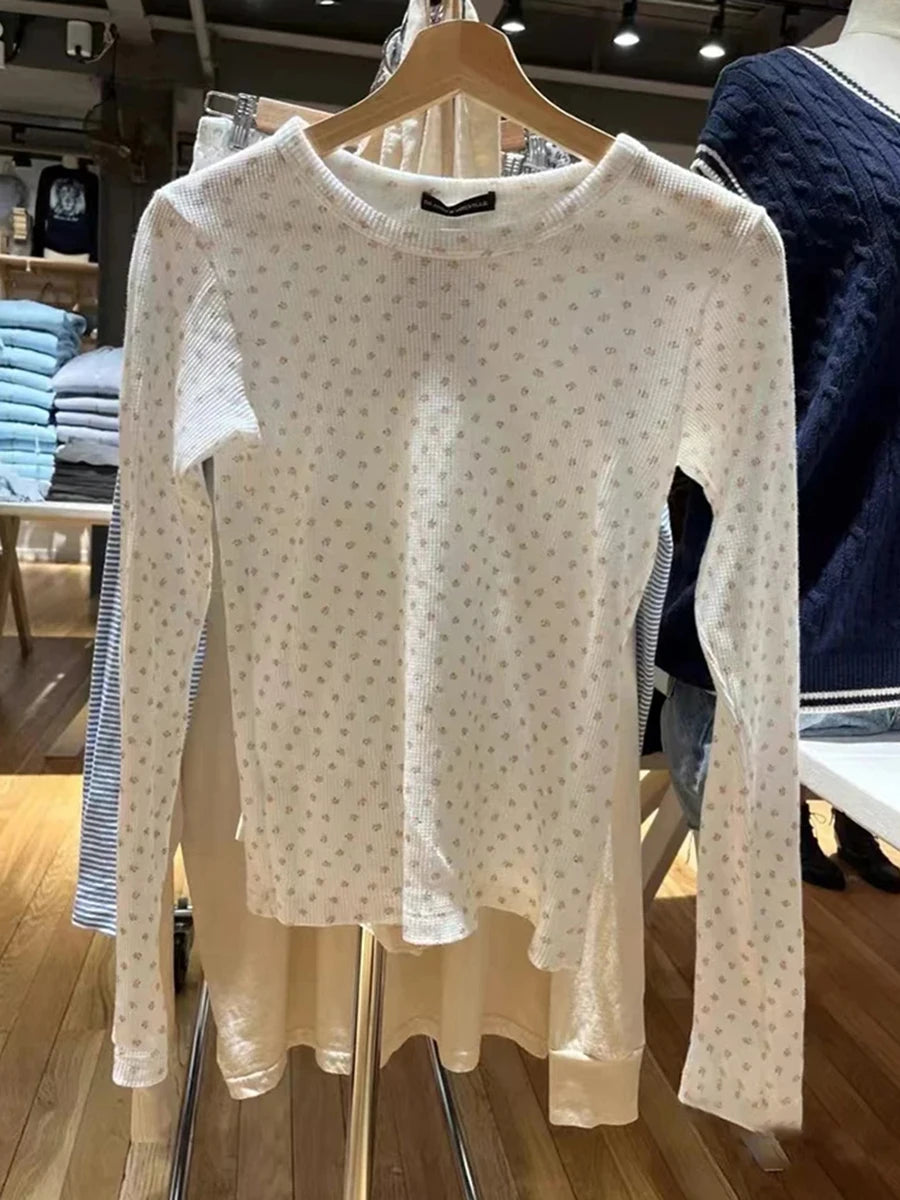 Sweet Orange Floral Print Waffle Long Sleeve Tees Women Autumn Cotton Caasual Streetwear O-neck Slim Tops Cute Chic Y2K T-shirts