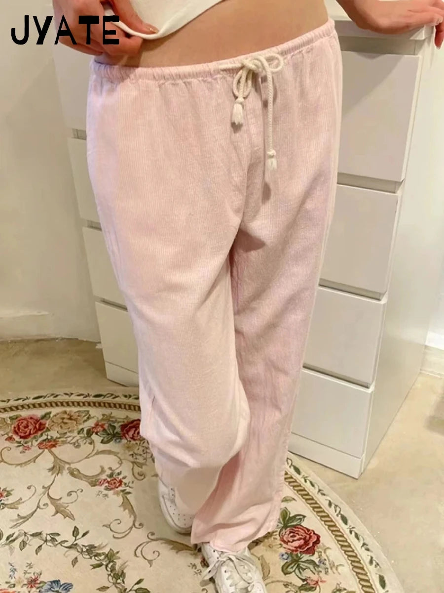 Fashion Blue Striped Drawstring Straight Sport Pants Women New Chic Elastic High Waist Long Pant Casual Sweet Loose Trousers Y2K