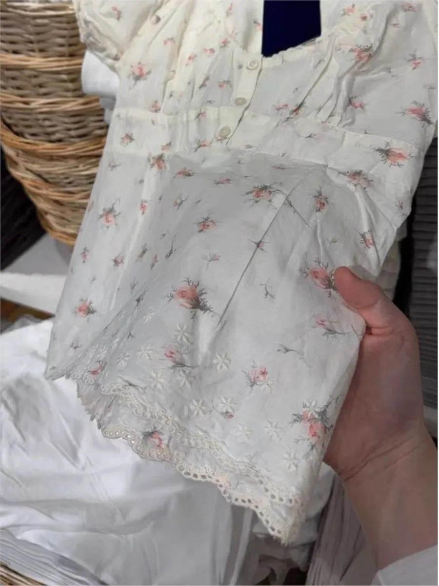 Floral Print Lace Trim T-shirts Women Summer New Casual Streetwear Buttons Short Sleeve Tees Sweet Simple Cute Tshirt Tops Y2K