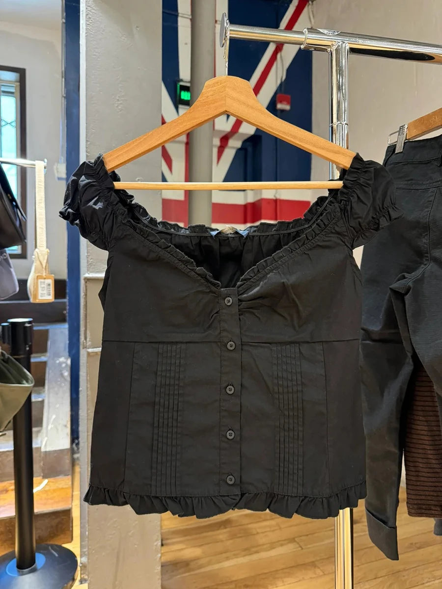 Harajuku Black Folds Blouse Top Women Casual Single Breasted Ruffle Sleeveless Tank Tops Vest Y2K Cool Preppy Style Camisole New
