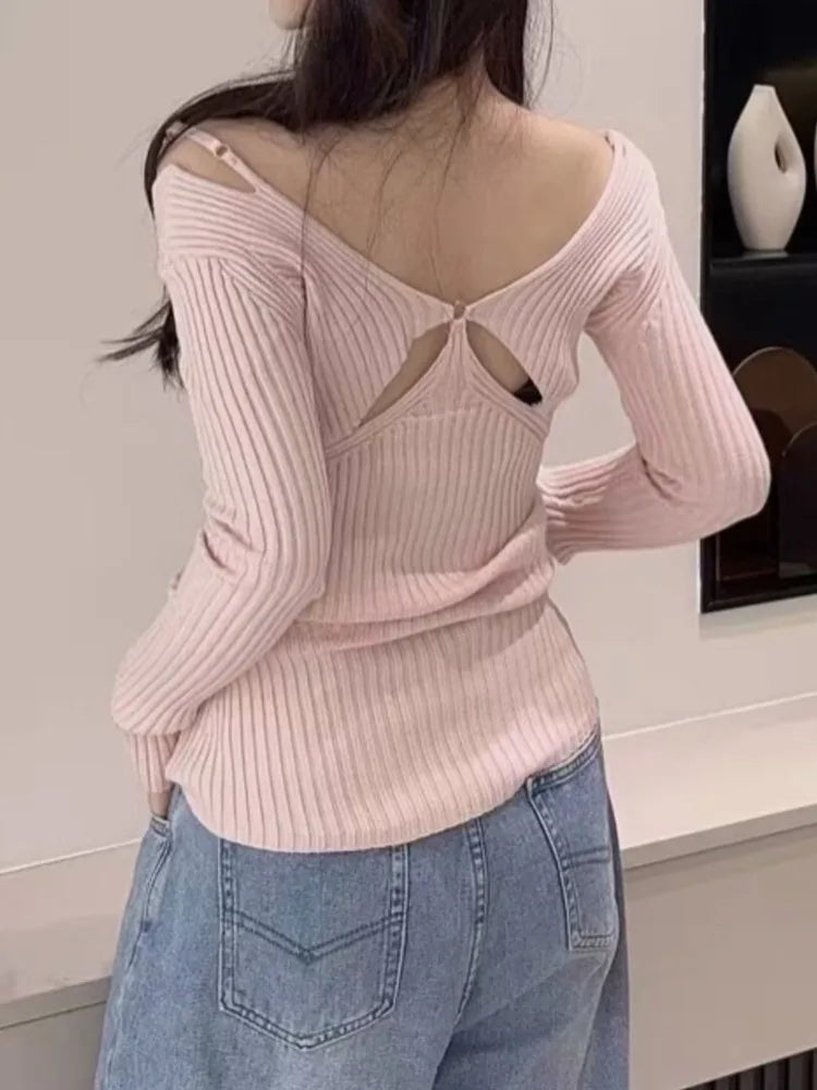 Sweet Fake Two Pieces Knit Long Sleeve T-shirt Women Autumn Pink Sexy Off Shoulder V-neck Slim Tees Casual Fairycore Y2K T Shirt