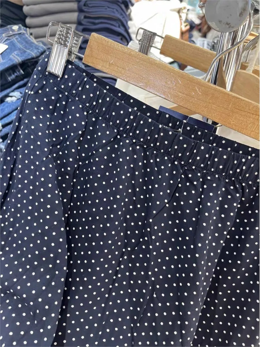 Navy Polka Dot Midi Skirt Women Summer Casual Lace Ruffles Patchwork A-line Long Faldas Female Sweet Vintage Preppy Style Skirts