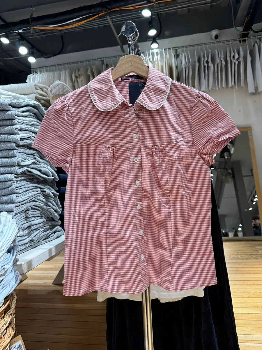 White Blue Lace Trim T-shirt Blouse Women Casual Pan Collar Single Breasted Short Sleeve Tee Sweet Vintage Cute Slim Tshirt Tops