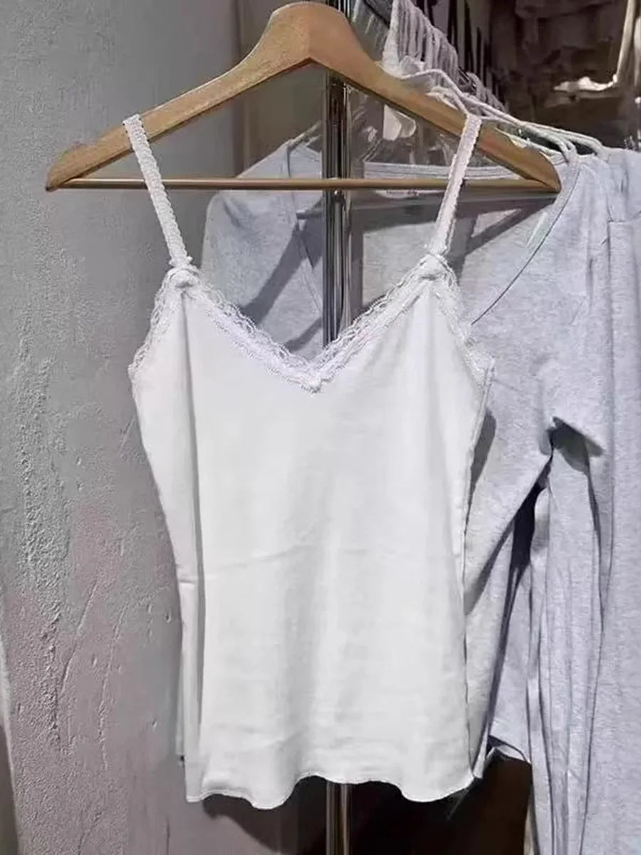 White Lace Trim Sleeveless Tank Tops Women Casual Soft Cotton V-neck Slim Cropped Vests Vintage Sweet Cute Preppy Style Camisole