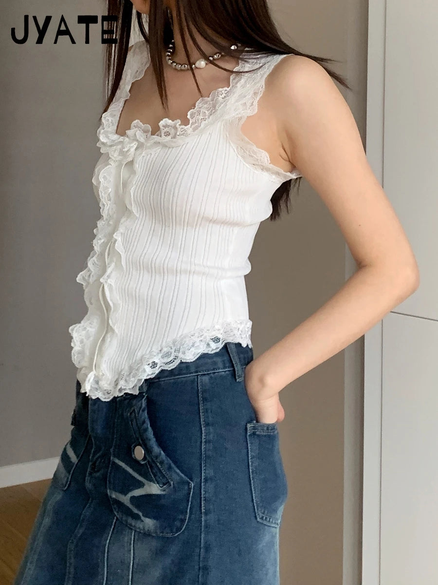 New Lace Trim Square Neck Tank Tops Women Summer Buttons Slim V Hem Cute Sleeveless Cropped Vests Sweet Solid Vintage Camis Y2K