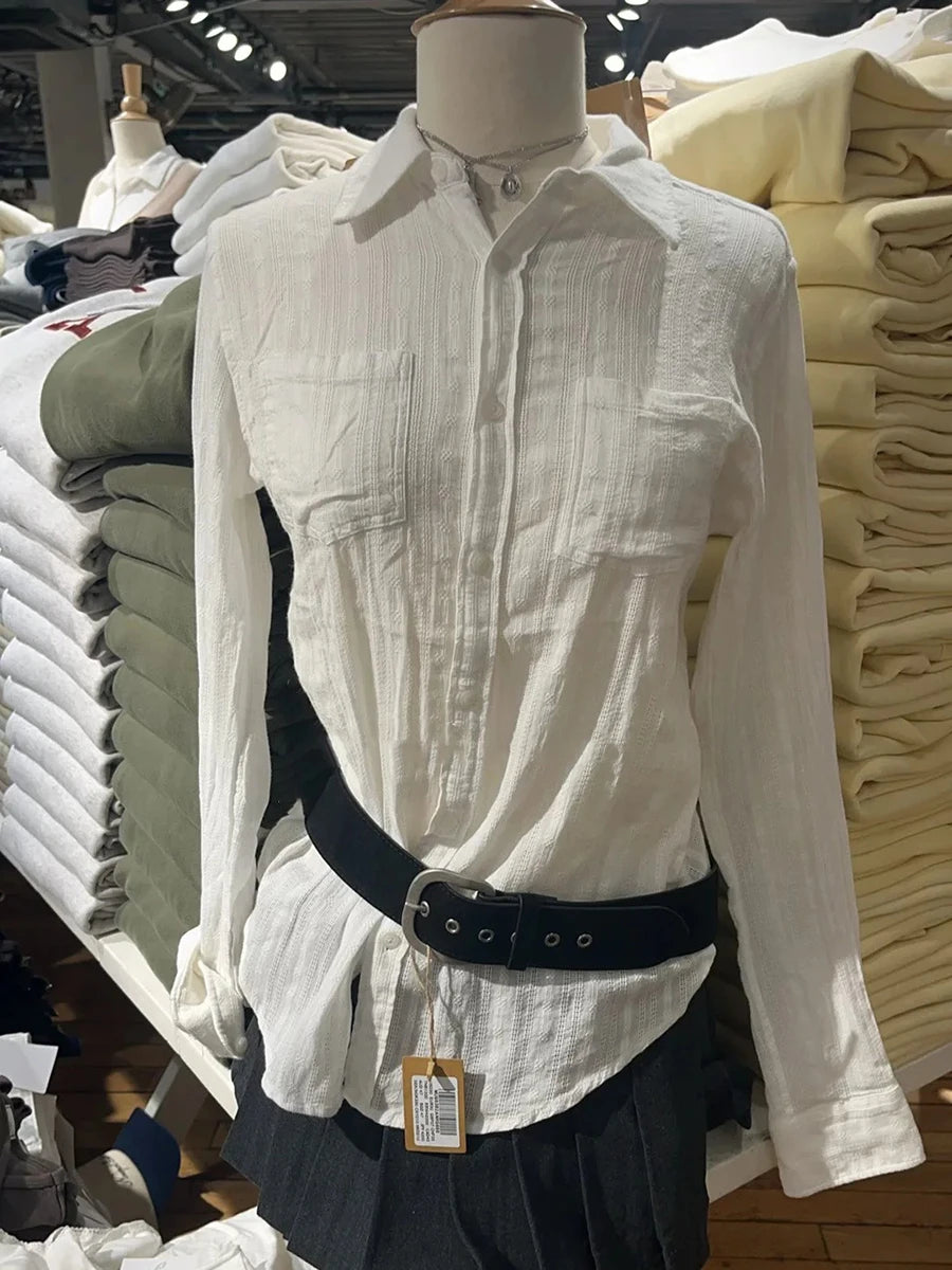 Linen Cotton Collar Buttons Blouse T-shirts Women Slim Casual White Long Sleeve Tees Girls Sweet Cute Preppy Style Y2K Crop Tops
